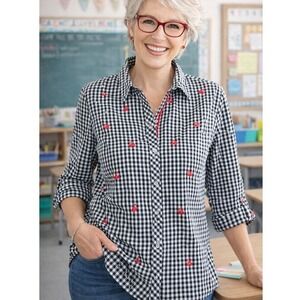 Rafaella Black White Gingham Cherry Button Down Shirt Size Small Petite Roll Tab